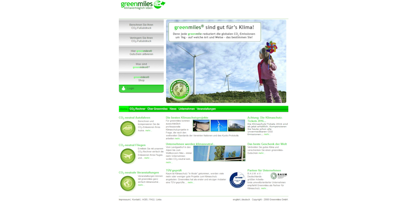 Снимка на главната страница на уеб сайта GreenMiles